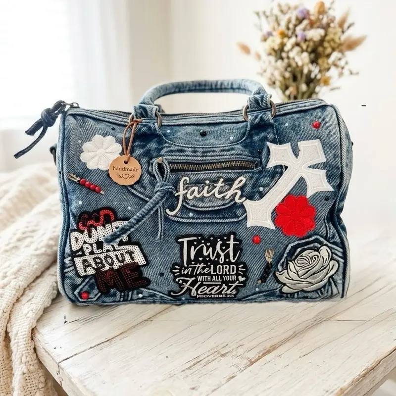 Handcrafted Custom Christian Denim Bag – Faith-Inspired Embroidered Purse