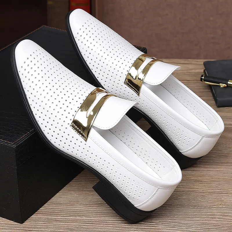 Men's Black Loafers, Perforated Slip-On Casual Dress Shoes, Breathable Footwear for Office, Wedding & Church, Flat, Buckle Details Loafers, Chic Loafers, Comfy Style Loafers