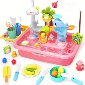 Color Changing Pretend Play Kitchen Sink Toy, 1 Set Play Sink with Electric Faucet & Automatic Water Cycle System, Dishwasher Toys & Fishing Toys for Kids, Play Kitchen Accessories