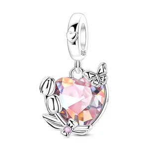 MULA Silver-Plated Butterfly Heart Tulip Pendant, Crystal & Cubic Zirconia Detail, Heart Design Necklace, Charm Bracelet & Necklace Compatible, Romantic Women’s Gift Jewelry, Butterfly Pendant Necklace