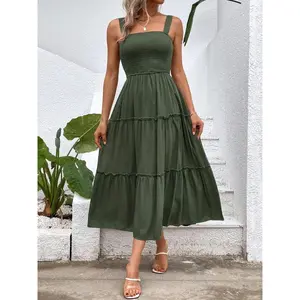 Women's Ruffle Hem Shirred Vintage Cami Dress Bohemian Comfort Multi Clothes Frill Trim Backless Dress Capri Sun Dress Dresses for Women Back To School Clothing for Beach Holiday Casual Wear