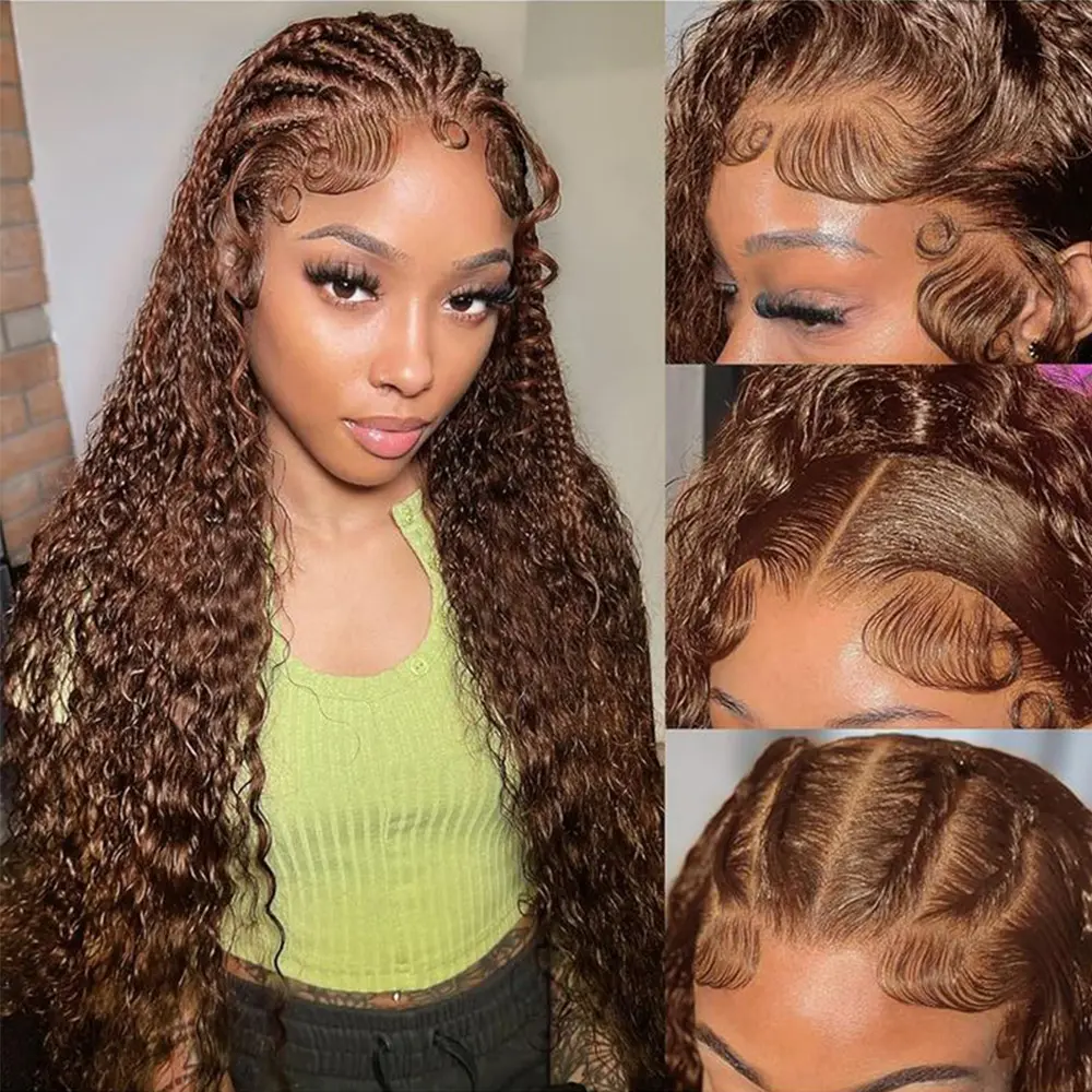 Chocolate Brown Deep Wave Wig 13x6 HD Lace Frontal Wig 30 Inches Pre plucked Deep Wave Human Hair Wigs For Women 180% Density