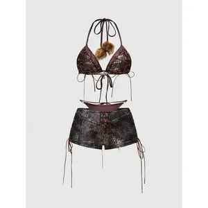 Y2K Lace-Up Faux Fur Halter Bikini Set for Women, Suitable For Summer Vacation, Beach