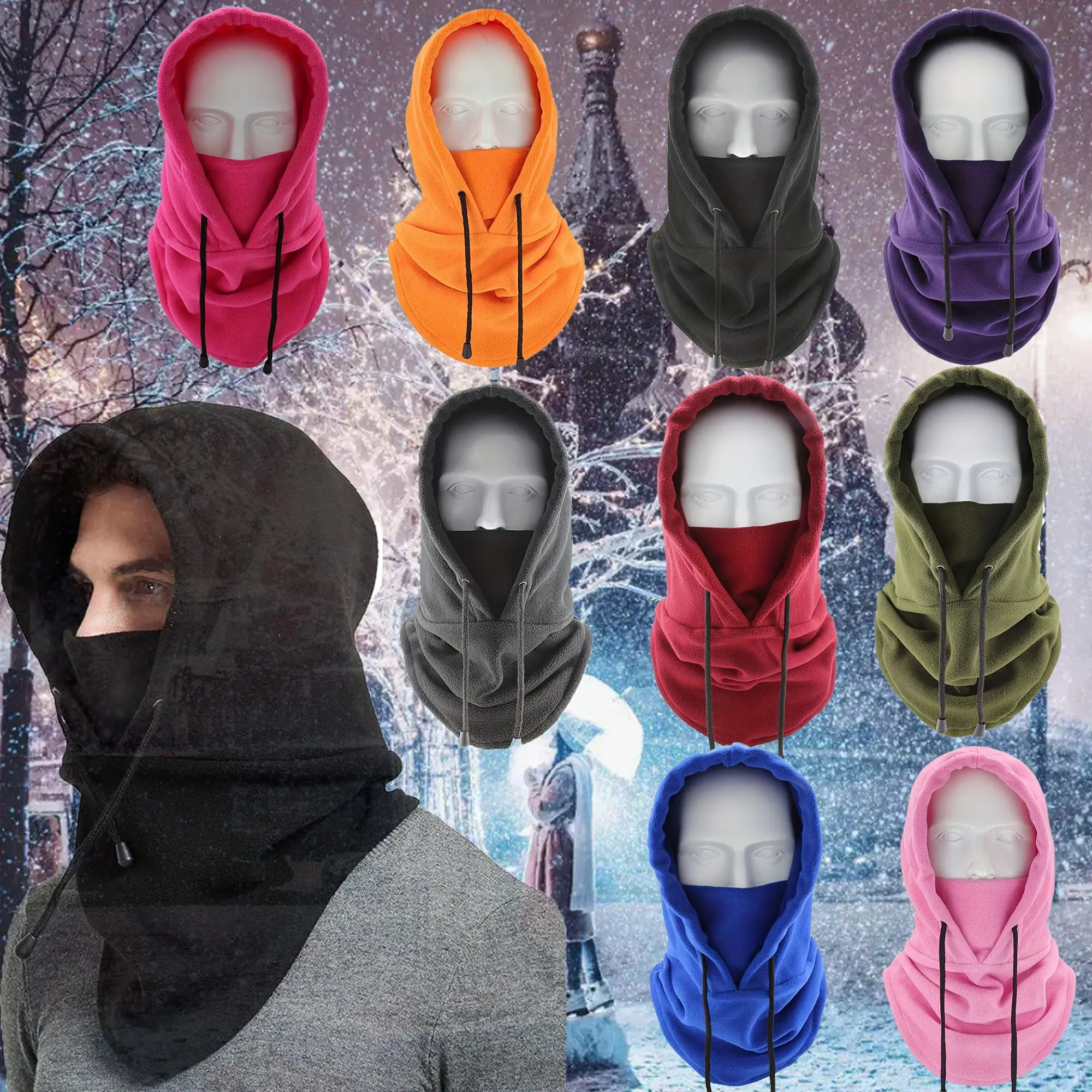 Solid Color Drawstring Closure Balaclava Hat, Windproof Neck Gaiter Hood, Lightweight Warm Winter Headgear Balaclava Hat for Ski and Outdoor Enthusiasts, Full Balaclava, Face Cover Balaclava, Windproof Face Mask, Balaclava Headwear