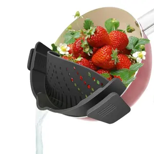 Clip on Strainer for Pots Pan Pasta Strainer, Silicone Food Strainer Hands-Free Pan Strainer, Clip-on Kitchen Food Strainer for Spaghetti, Pasta, Ground Beef Fits All Bowls and Pots (Black)