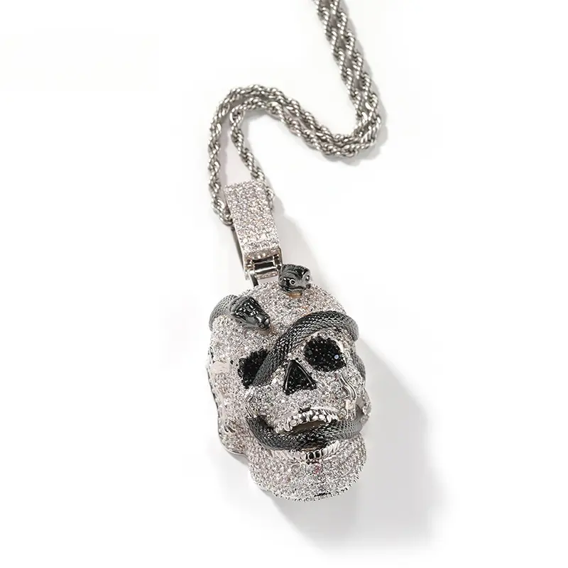Men's New Snake Skull Pendant Necklace - Copper Base, Zircon Inset, Streetwear Retro Hip Hop Artificial Gemstone Jewelry