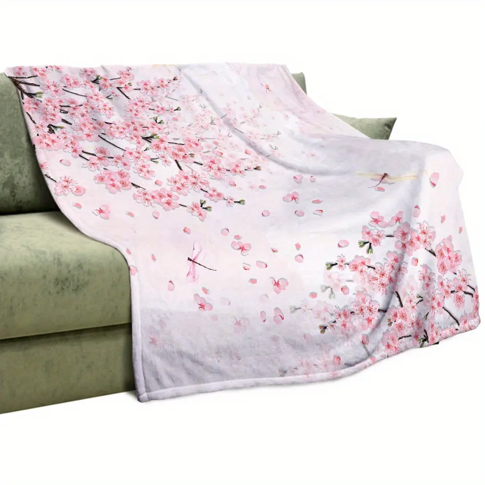 Modern Cherry Blossom Fleece Throw Blanket - 280GSM Fleece Fabric, Soft Lightweight All-Seasons, Pink Floral Marble Digital Print, Machine Washable Home Accessory for Couch, Bed