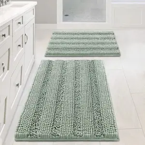 Sage Bathroom Rugs Set of 2 Ultra Thick Chenille Striped Pattern Shaggy Non Skid Bath Mats for Cozy Decor and Easy Care