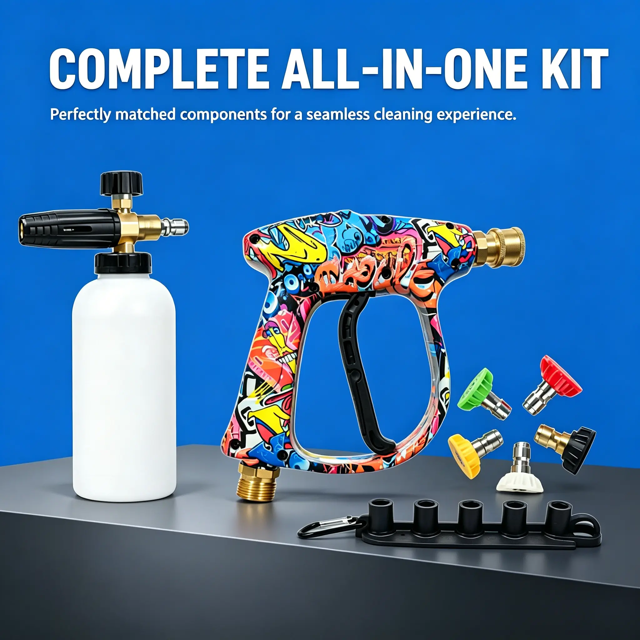 Graffiti-Style High-Pressure Washer Gun Kit (Options: Gun + 5 Nozzles; or Gun + 5 Nozzles + Foam Cannon) — 4000 PSI M22-14mm Quick-Connect Car Wash Gun