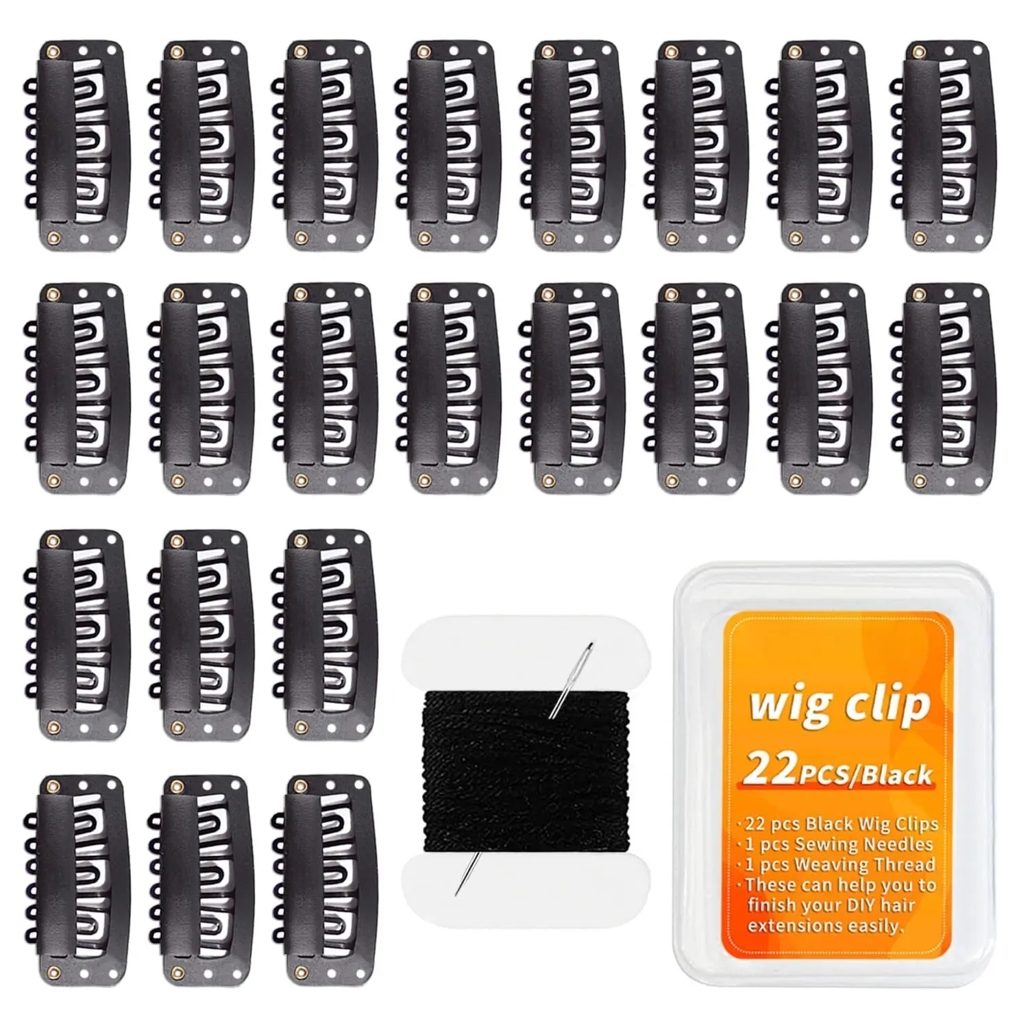 22 count 32mm Hair Extensions Clip Ins 6- U-Shape Black Hair Clips, with DIY  and Thread Kit - Snap Hair Clips for Wig Clips Yifanyou Sports