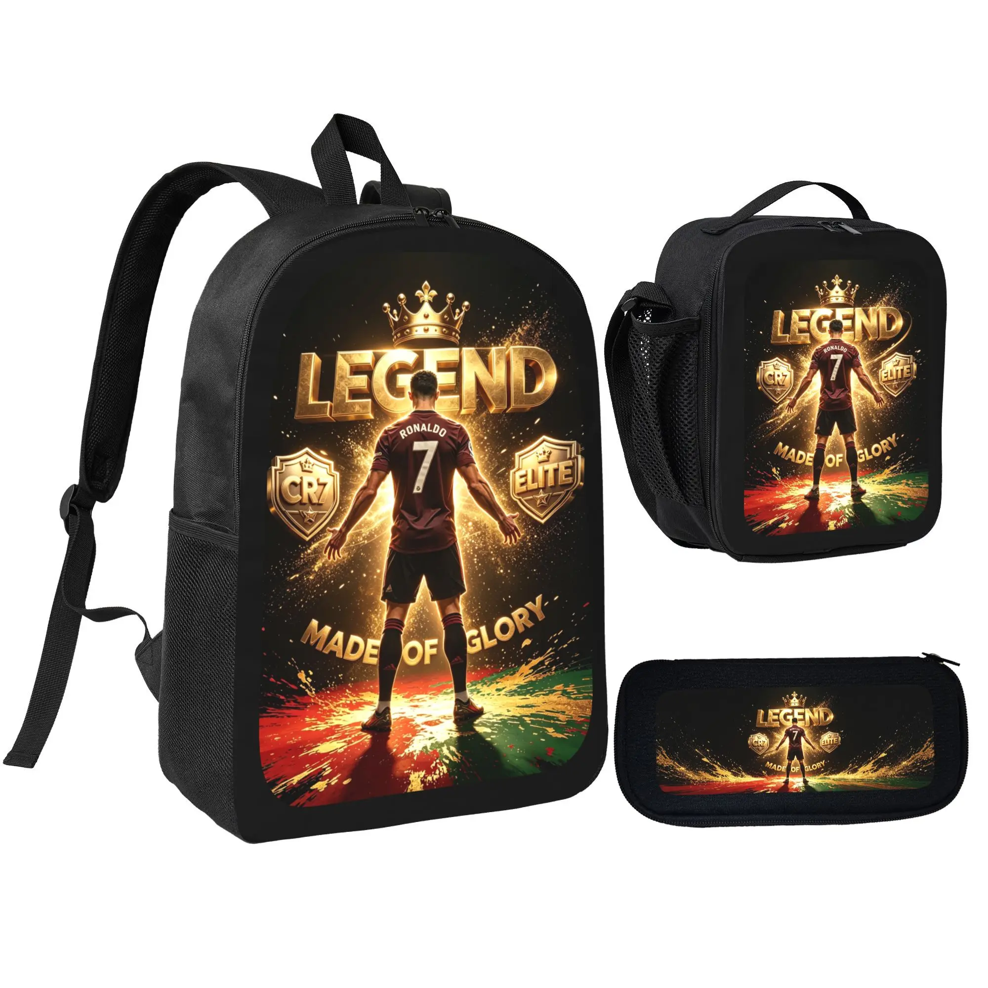 （Back to School）CR7 Soccer Backpack Set - 3-Piece School Bag, Teens, Boys with Lunch Box & Pencil Case, Black Sports Bookbag, Cool Fan Gear for Back to School