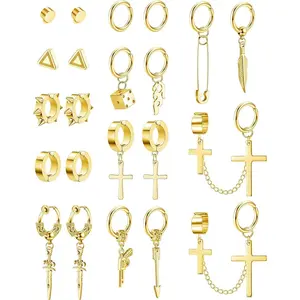Cassieca 22pc Stainless Steel Fake Earrings for Men Women Cross Chain Pendant Earring Non-Piercing Huggie Hoop Earrings Set Clip on Earrings for Men Fake Earrings