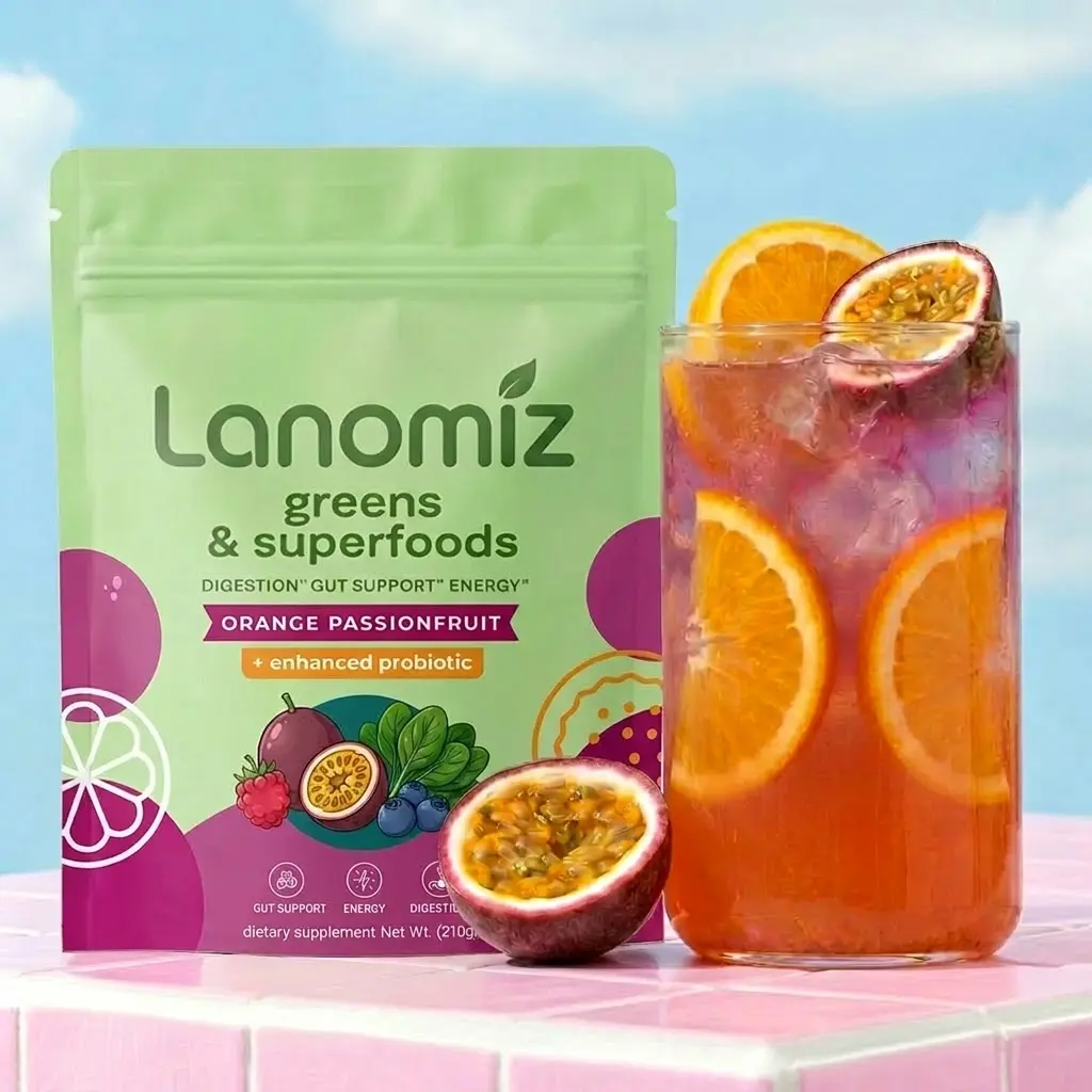 Lanomiz Supergreens Powder - Spirulina, Chlorella, Wheatgrass, Probiotics, Digestive Enzymes, Ashwagandha, Fiber & Greens Blend, Non-GMO, Gluten-Free, 30 Servings