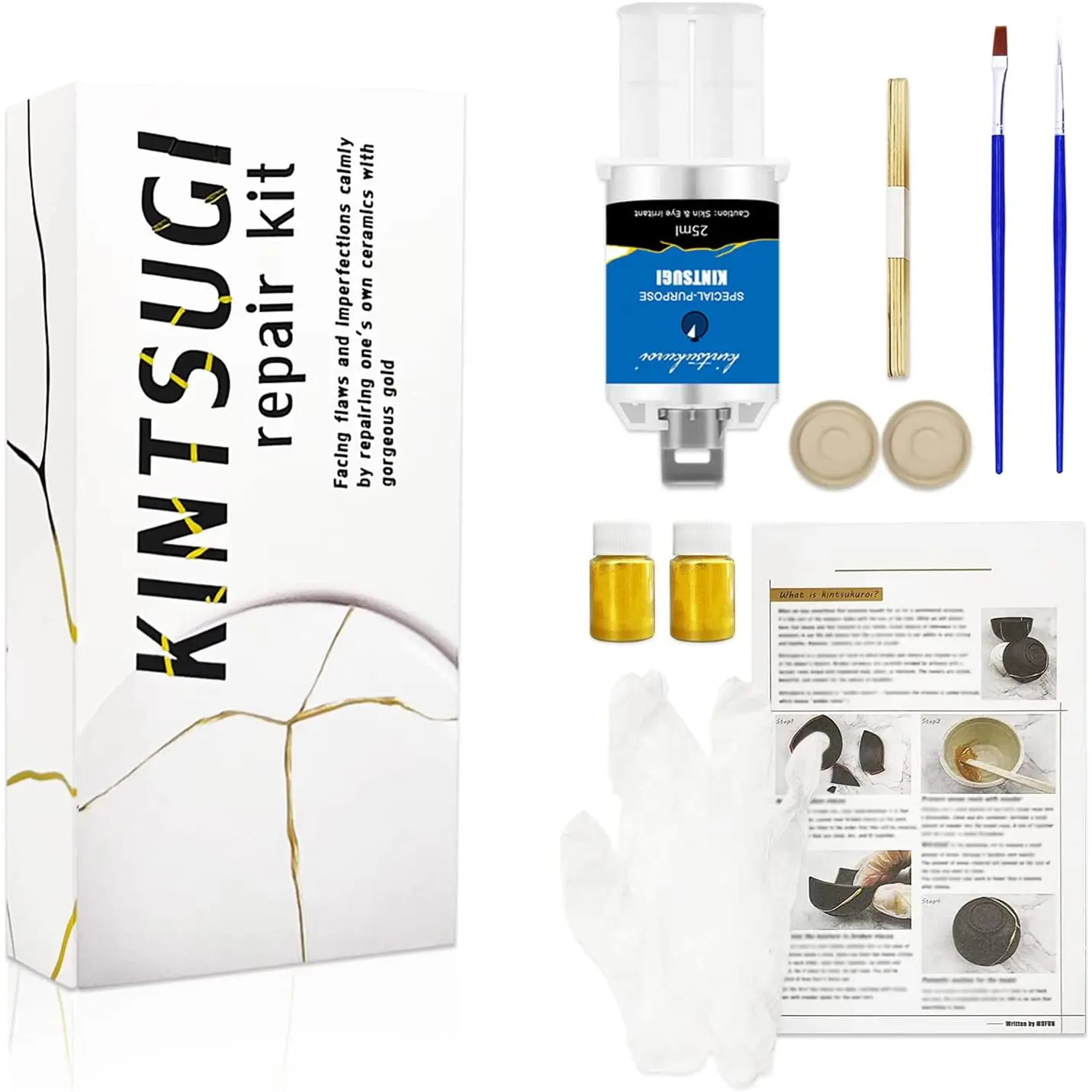 Japanese Kintsugi Repair Kit with Gold Powder Glue for Ceramics, Perfect for Beginners to Restore Meaningful Pottery & Gift Items, Embrace the Art of Repair and Create Unique Masterpieces 1DFAUL