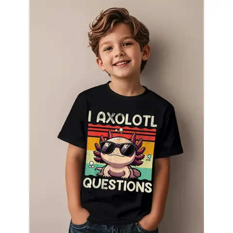 Boys' "I Axolotl Questions" Graphic Printed Cotton Fabric Tee - Fitted Snug, Medium Stretch, Pure Cotton, Skin-Friendly, Kids Clothing Boys, Children, All Seasons, Casual Street Style Daily Wear Top
