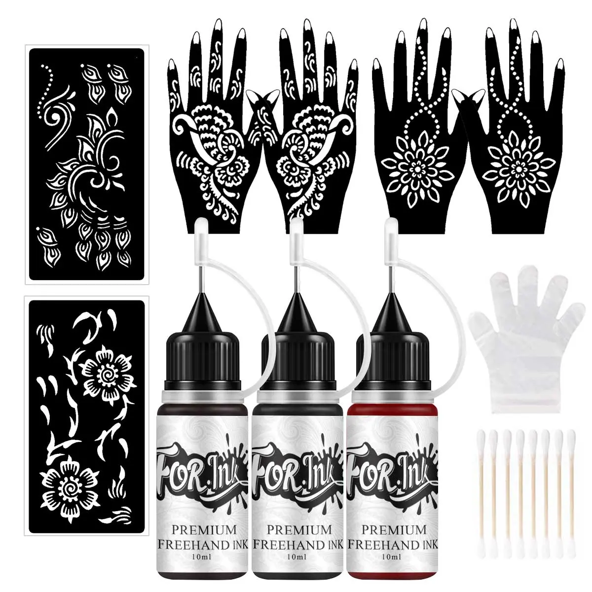 Temporary Tattoo Ink & Stencil Kit, 3 Bottles Ink & 6 Sheets Stencils, DIY Temporary Tattoo Kit, Body Art Cosmetic Makeup Set, Tattoo Tool Accessory, Trending Tattoo Stencil Supply, Tattoo Supplies