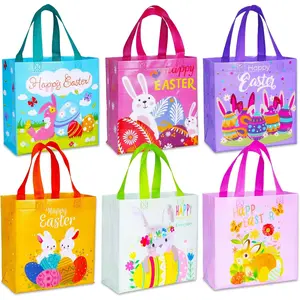 Happy Easter  Bags with Handles, Bunny Carrot Chick Designs,  Non-Woven  Bags for Party Favors,  Wrapping, Easter Basket Container, 9.1x8.7x4.5 inch, 6-Pack