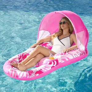 Inflatable Pool Floats Lounger with Canopy for Adult - Pool Lounge Float with Cup Holder & Backrest, Footrest for Pool Party, Swimming, Lake, Beach, Travel