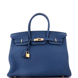 Pre-owned HERMÈS Leather Tote Bags REBAG Hermes Birkin Handbag Deep Blue Clemence with Gold Hardware 35 by Rebag