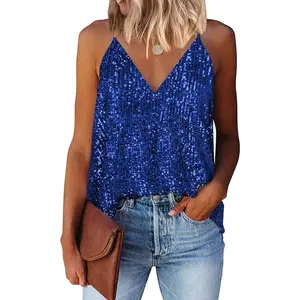 Women Sexy V Neck Sparkle Shimmer Cami Tank Tops Las Vegas Disco Sequin Camisole
