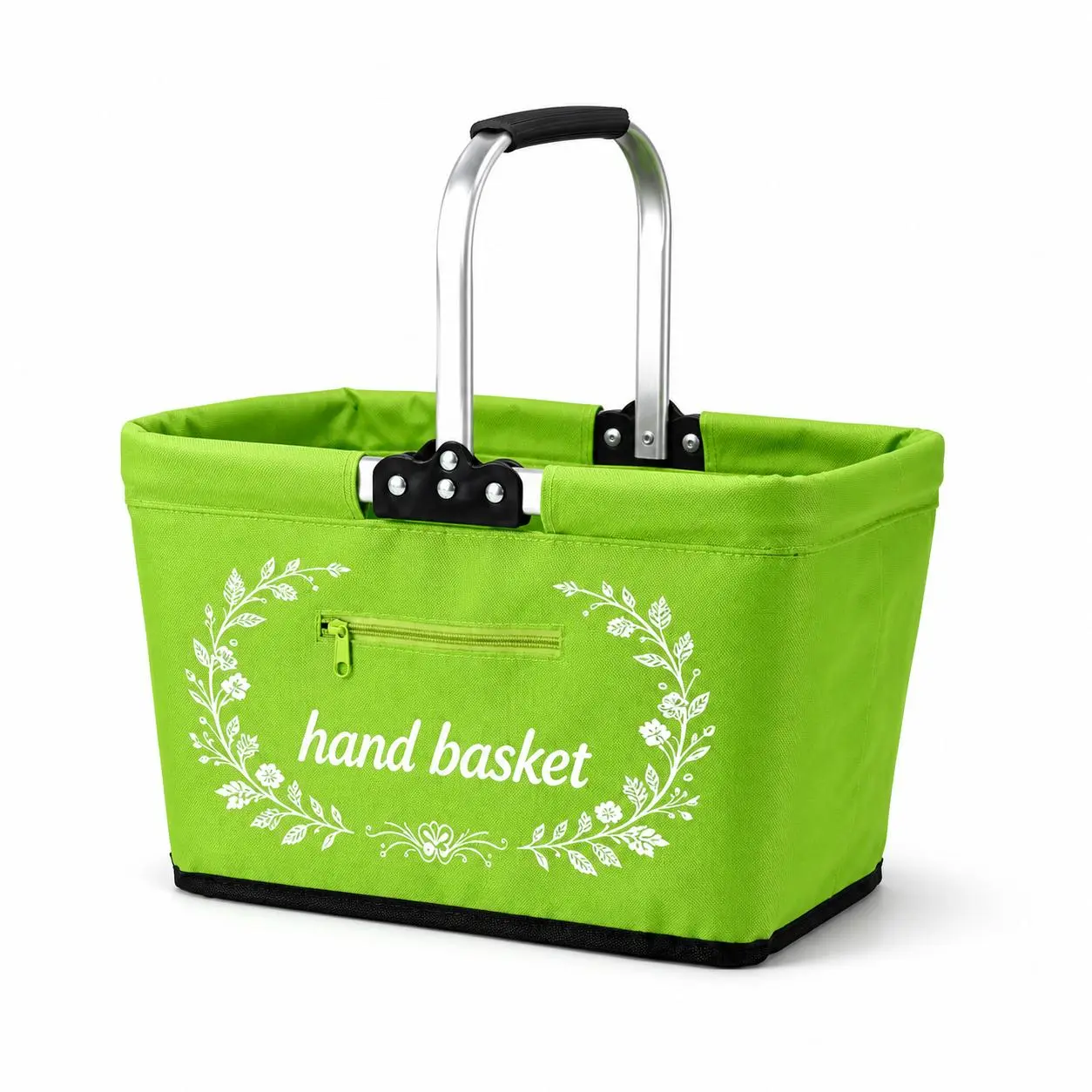 Green Foldable Aluminum Frame Basket with Floral Design, Large Zippered Side Pocket, Insulated Oxford Cloth Shopping Basket with Silver Handle, Portable Picnic Hand Basket for Grocery Shopping, Supermarket, Travel & Easy Transport