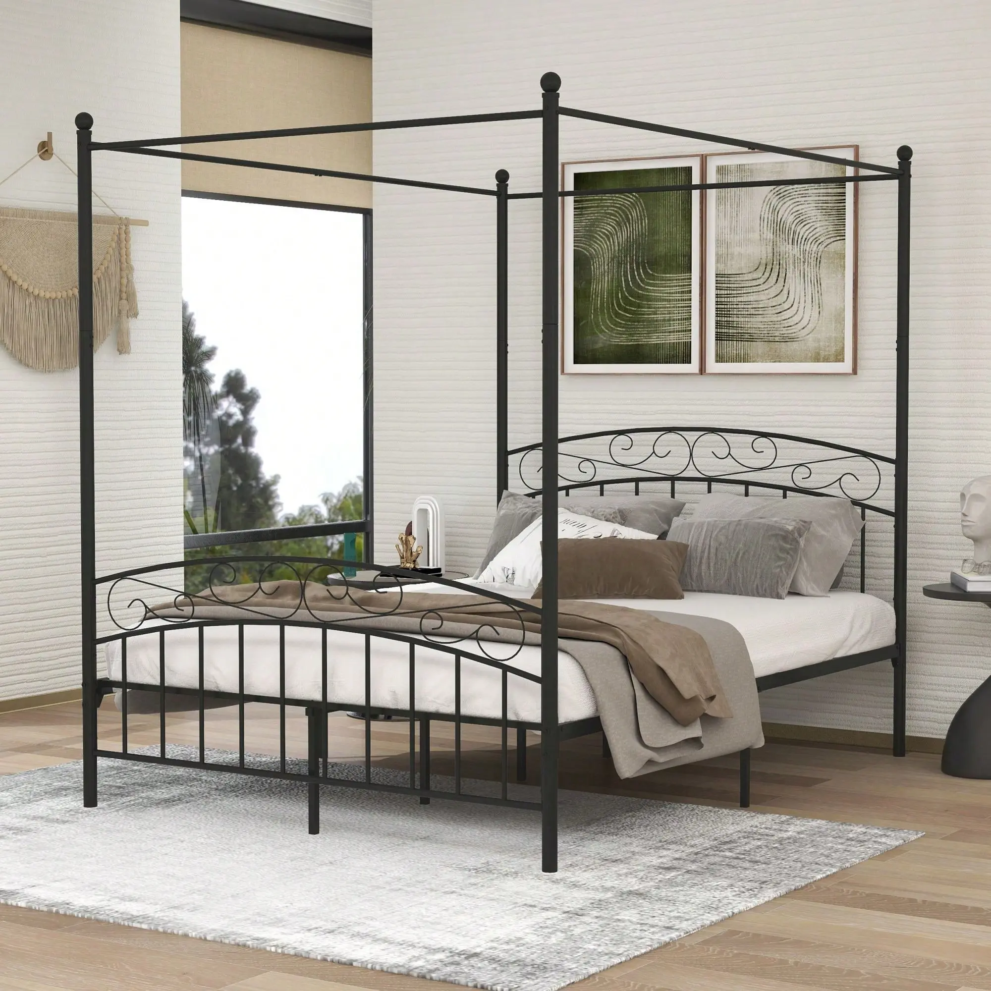 Classic 4-Poster Canopy Metal Platform Bed Frame - Bedroom Furniture & Decor with Headboard, Footboard, Heavy Duty Sturdy Steel Slat Base Support, No Box Spring Needed, Clean Lines Design