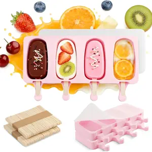 2 Set Popsicles Molds with Lids and 100 Pieces Wooden Popsicles Sticks, 4 Cavities Silicone Ice Cream Molds for  DIYMaking Cakesicles, Cake Pops, Ice Cream - BPA Free, Popsicle Molds for Kids, For Kids Easy Cleanup