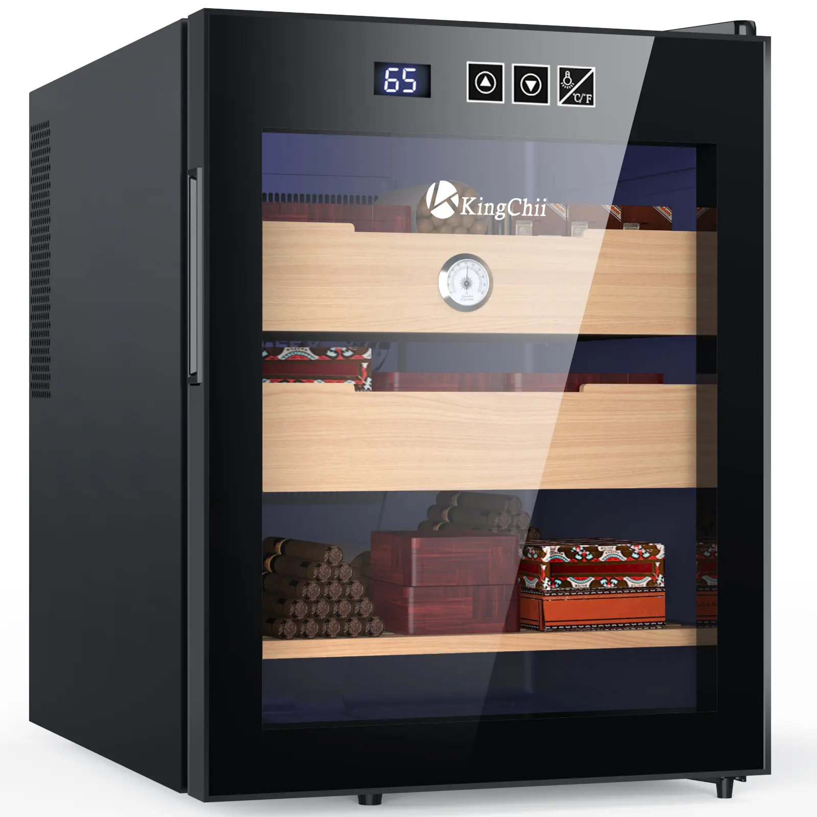 KingChii 48L 110V Electric Temperature Control Humidor - 350-Count, 33lb Capacity, Spanish Cedar Wood Shelves & Drawer, Hygrometer, Silent Dual-Function, US Plug, Mirror Glass, Large Space, Father's Day/Birthdays Gift Choice for Men, Wine Cellar Use, 20.2