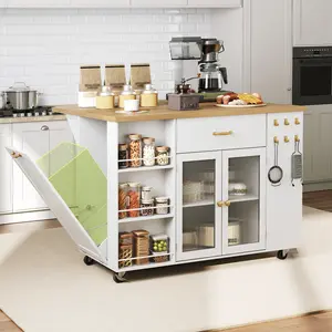 Kitchen Island with Drop-Leaf and Charging Station, Mobile Kitchen Cart on Wheels, 2 Storage Drawers, Trash Cabinet, 3-Tier Open Shlves, Island Table for Kitchen, Dinner, White and Natural
