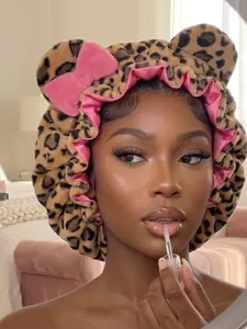 Luxury Teddy Material Hair Bonnet Hood - Leopard Print Pink Sleep Hair Wrap for Haircare, Styling, Ideal Women's Gift