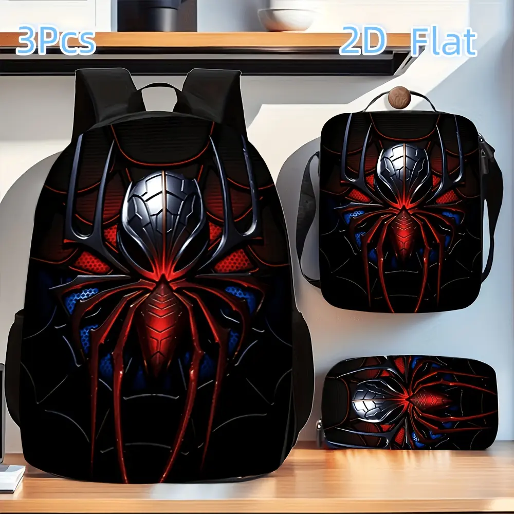 3-Piece Oxford Cloth Backpack Set for Kids, Character-Themed School Daypack with Spider Design, Insulated Lunch Bag & Pencil Case, Cosmetic Bag, Top Handle