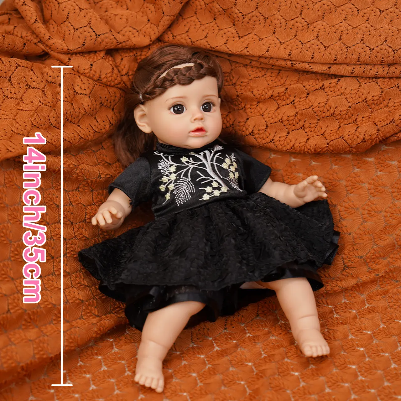 Vacos 14inch Mini Realistic Reborn Baby Dolls Girl Handmade Princess Dress with Open Brown Eyes | Hand-Rooted Hair | Soft Weighted Vinyl Body | Gift Set with Present Box | Ages 3+