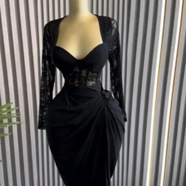 Elegant Black Lace Long Sleeve Dress with Deep V-Neck and Draped Hem for Formal Events Party Womenswear
