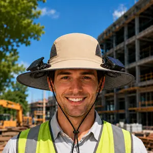 2026 Father’s Day Gift Solar Fan Hat - Dual Cooling Sun Hat for Outdoor Workers, Construction, Gardening, Landscaping | USB Rechargeable Wide Brim Work Hat with Neck Flap & Mesh Ventilation