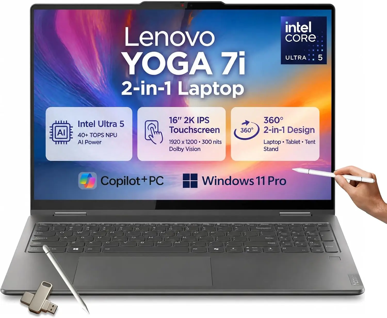 Lenovo Yoga 7i 2-in-1 Laptop, 2026 Ai Computer, 16'' 2K IPS Touchscreen 16GB RAM, 5112GB/1TB/2TB SSD, Intel Ultra 5 226V, Copilot+ PC with 40 Tops NPU, Backlit KB, Fingerprint, Wi-Fi 7