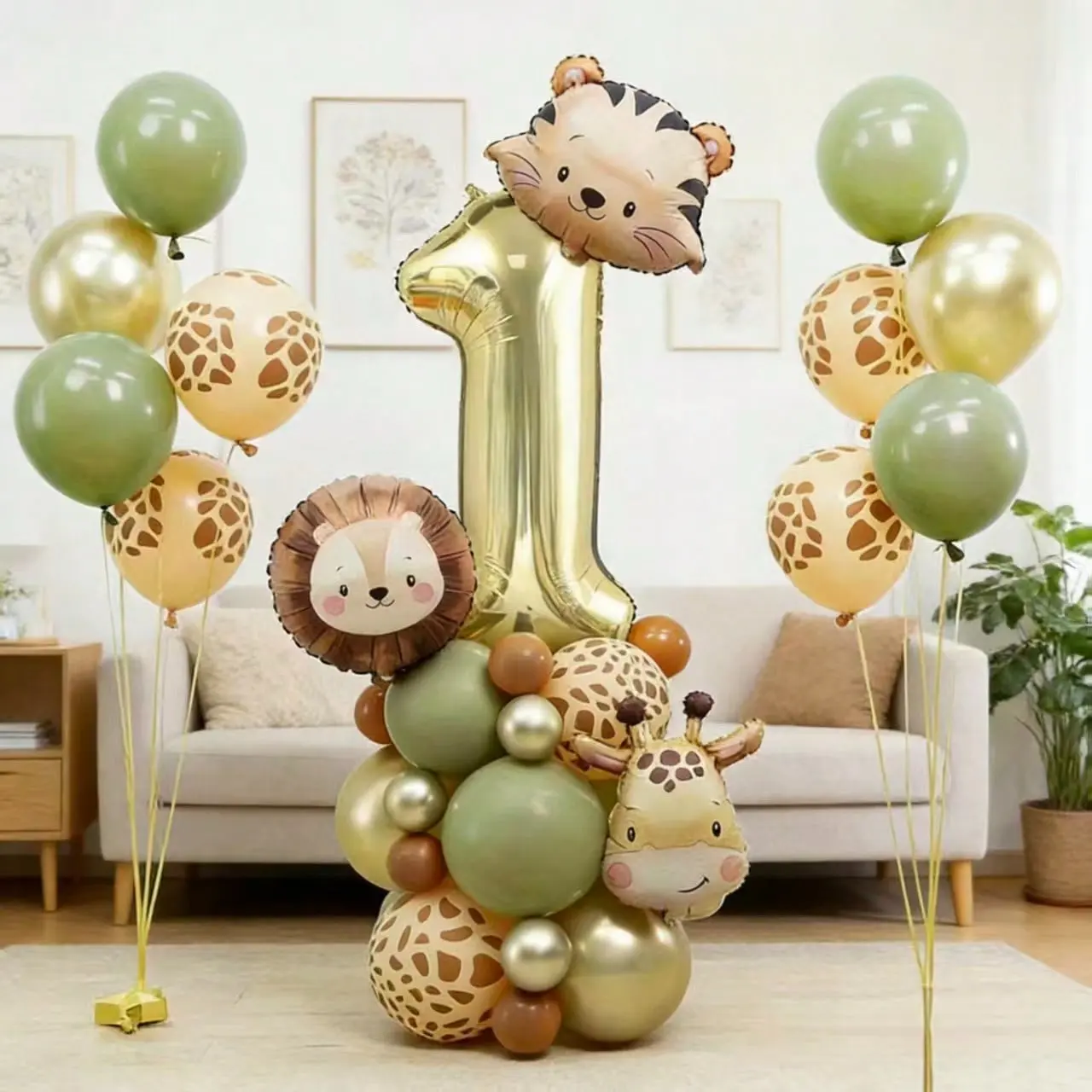 38pcs Cute Cartoon Animal Head Aluminum Foil Balloons Set, Tiger Lion Giraffe Balloon Stands, Jungle Theme Party Decorations, Balloon Garland Kit, Balloon Party Supplies