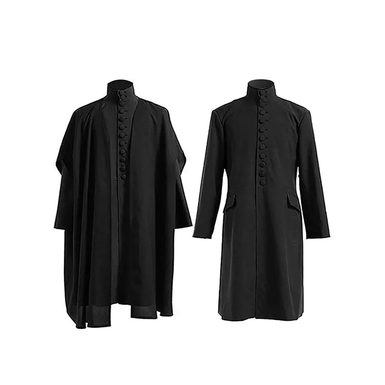 Men's Gothic Long Cape, 2-Piece Wizard Costume Set in Rayon Fabric with High Neck Button Vest for Cosplay & Watch Party, Breathable, Halloween