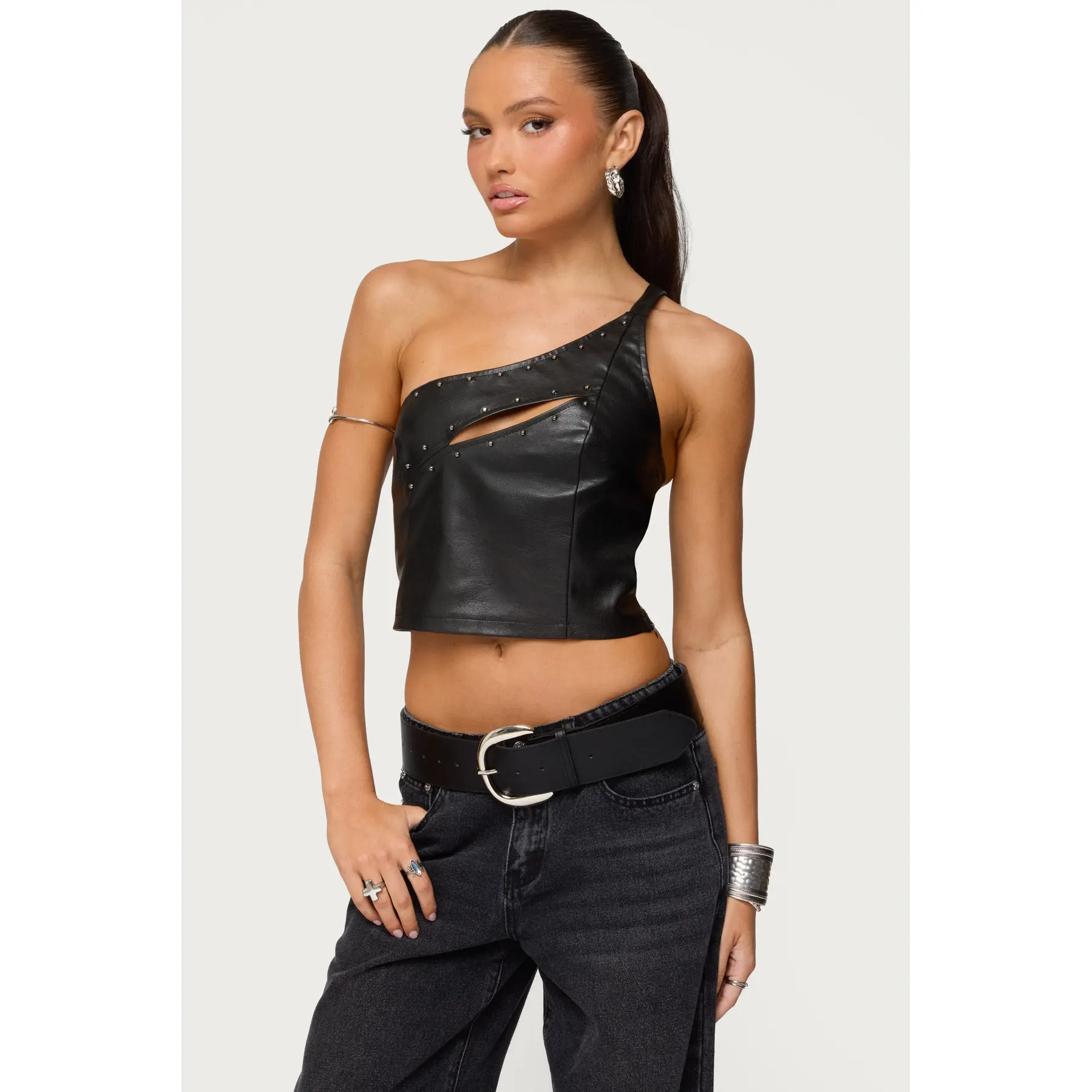 Asymmetric Cutout Faux Leather Top