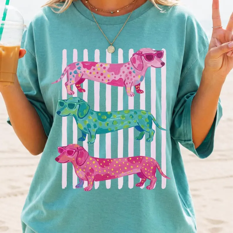 Comfort Colors Dachshund Beach Shirt, Wiener Dog Summer Tee, Coastal Dog Lover Gift, Colorful Doxie Shirt, Cute Sausage Dog Tee