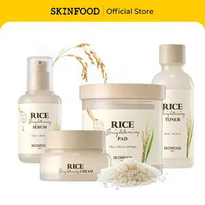 [SKINFOOD] Rice Brightening Skincare Routine Set | Toner Pad + Toner + Serum + Cream, Nourishing Rice Skin Care Set with Fermented Natural Rice Water for Glow Glass Skin, Brightening, Pore Tightening, Nourishing, Moisturizing, Vegan, Korean Skincare