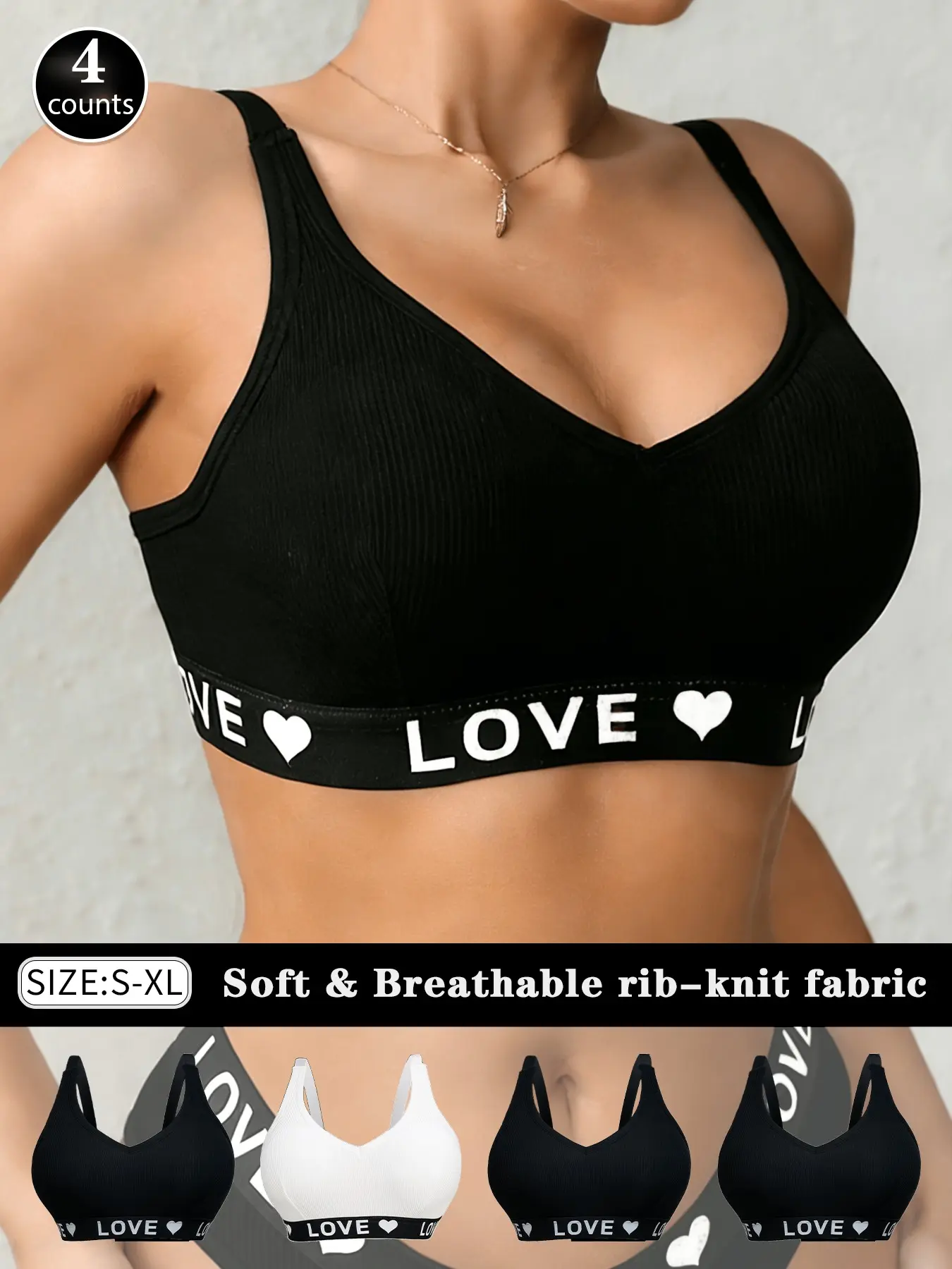 1/2/3/4pcs Summer Essential Love Print Sporty Bra Breathable Ribbed Sports Top | No Underwire Seamless Comfort Fit