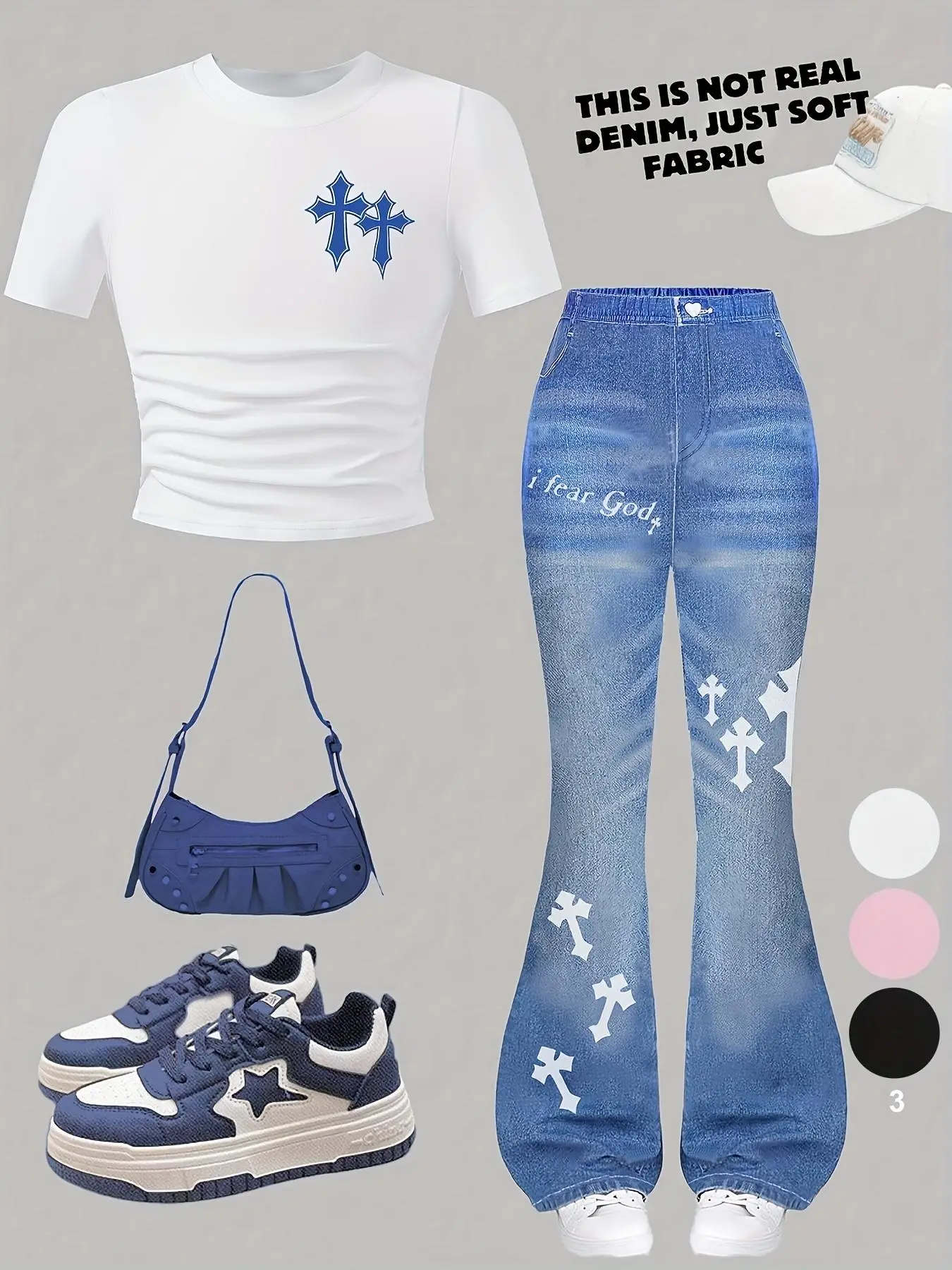 2pcs Set Girls Street Fashion Casual T-Shirt & Bell Bottom Pants, Summer, New Arrival, Polyester, Geometric Pattern, Round Neck, Short Sleeve, Slim Fi