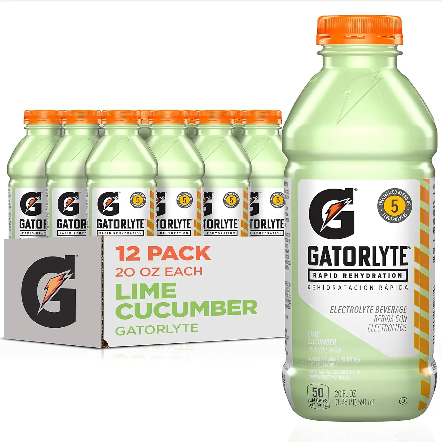 Gatorlyte Rapid Rehydration Electrolyte Drink Lime Cucumber 20 fl oz 12 Pack with 5 Electrolytes Lower Sugar No Artificial Sweeteners Hydration Beverage