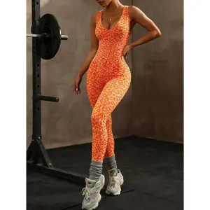 Women’s leopard print cross-strap jumpsuit with removable padding, fashionable one-piece, perfect for casual wear GARMENTARY