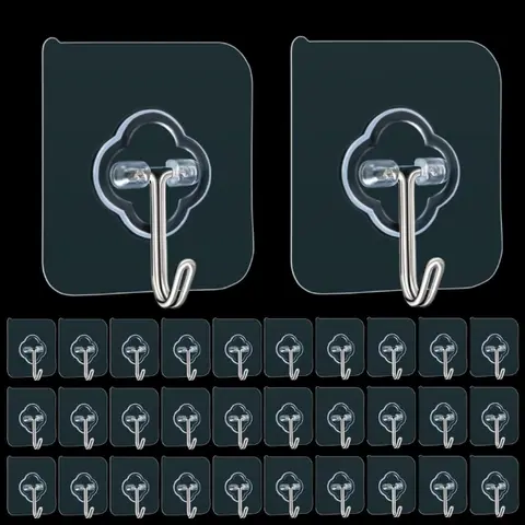 32-Pack Multi-Use Transparent Reusable Removable Sticky Wall Hooks, 33lb Max Adhesive Hangers for Kitchen, Bathroom, Home Improvement Organization
