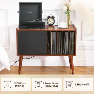 Record Player Stand with Charging Station and USB Ports, Large Storage Space Holds Up to 300 Albums, Vinyl Record Storage Cabinet, Turntable Stand, Record Player Table End Table