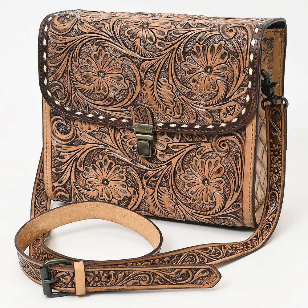 American Darling Hand-Tooled Leather Messenger Bag – Floral Carved Genuine Leather Crossbody with Strap, Premium Western Craftsmanship