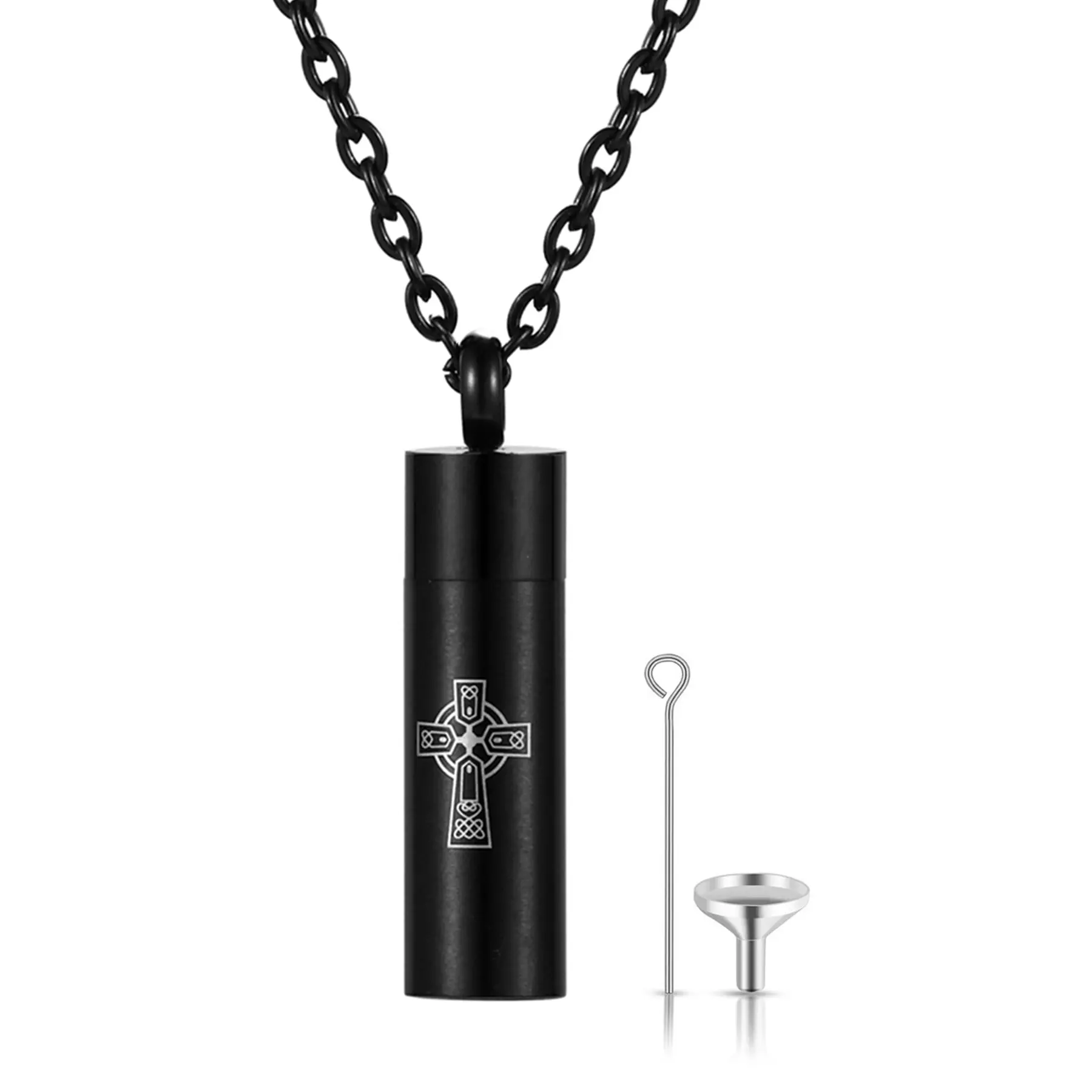 OIDEA Hypoallergenic Silver Cross Motif Cylinder Memorial Locket Necklace, 0.39in Wide 1.33in Long Stainless Steel Keepsake Pendant, Chain Jewelry Gift for Women, Stainless Steel Jewelry, Memorial Gifts, Cross Detail, Cylinder Locket, Stainless Steel Chai