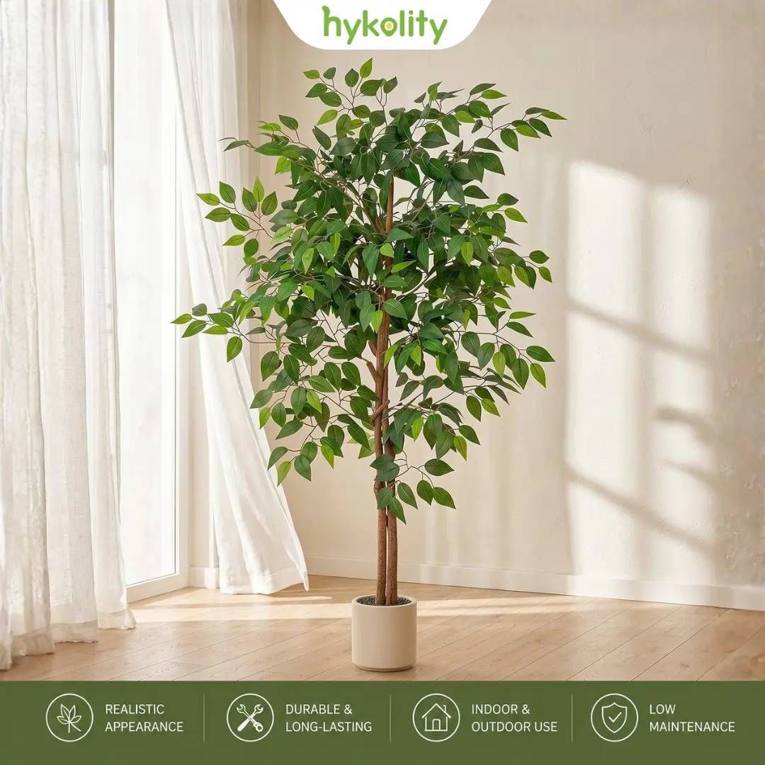 Romswi 5FT/6FT Artificial Ficus Tree with White Planter, Realistic Faux Silk Plant, Indoor Outdoor Decorative Tree for Home, Office, Living Room, Porch & Garden