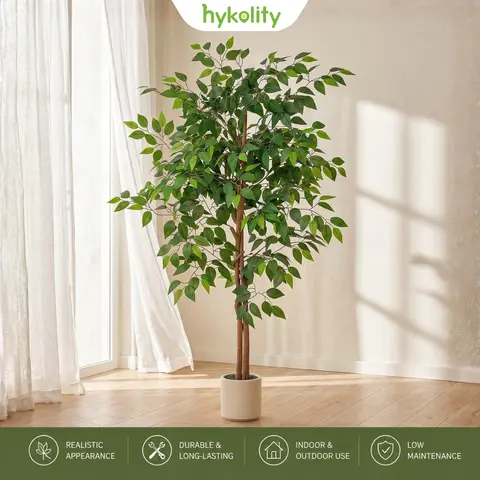 5FT-6FT Artificial Ficus Fiddle Leaf Fig Tree with White Planter, Realistic Silk Faux Plant, Low Maintenance Faux Plants for Aesthetic House Decor, Gift Choice Indoor Home Accessory